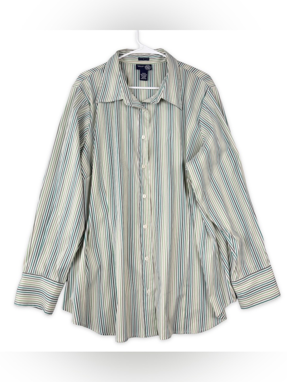 Venezia Jeans Button Down Top Womens 26/28 Green Gray Vertical Striped Stretch - Picture 1 of 6